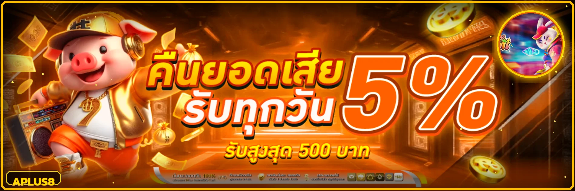 แบนเนอร์คืนยอด APLUS8 โทนส้มทองและตัวละครเกม